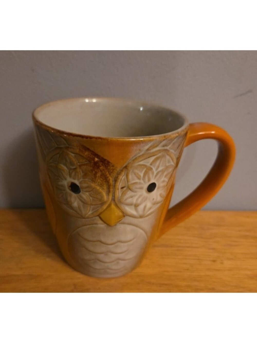 Gibson Elite Couture Pottery Whimsical Owl Coffee Mug Deep Rust Tone Flower Eyes